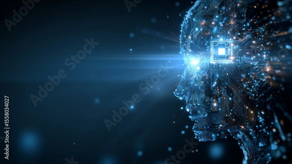 Obraz Digital human head with circuit board pattern and glowing eye in a dark blue background space