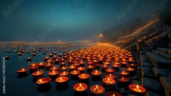 Obraz Floating Diyas on a River at Night