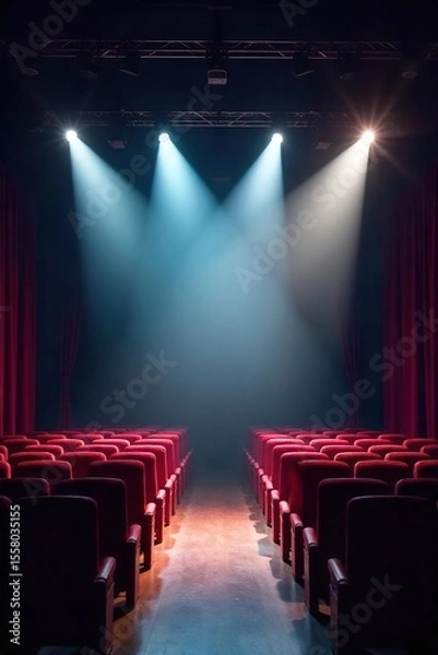 Fototapeta Empty Theater Stage with Dramatic Lighting, Long Shadows, Architectural Details - Perfect for Theatrical Productions, Concerts, and Event Planning