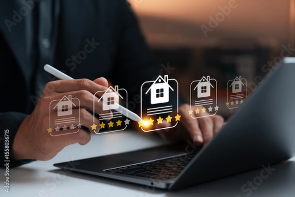 Fototapeta Real estate review rating concept showing businessman using digital pen on laptop to give property five-star rating, smart technology, online service, feedback system, and housing evaluation.