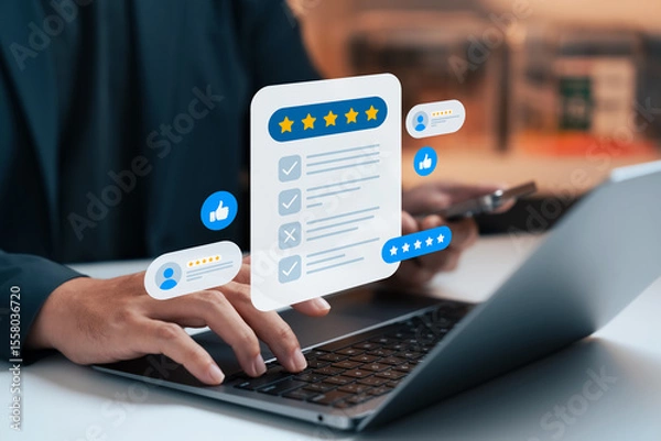 Fototapeta Customer review and satisfaction feedback, showing businessman using laptop and smartphone with five-star rating, checklist, thumbs up icons, online service evaluation, digital reputation management.