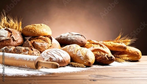 Fototapeta Close-up of rustic bread assortment, flour dusting and wooden rolling pin on table.