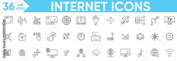 Fototapeta Internet icon Vector and illustrator set.Website, server, web design, network, Wi Fi, browser, cloud, download, upload, search, firewall and more.