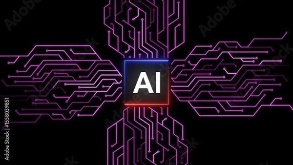 Fototapeta AI or artificial intelligence technology circuit board illustration on black background.