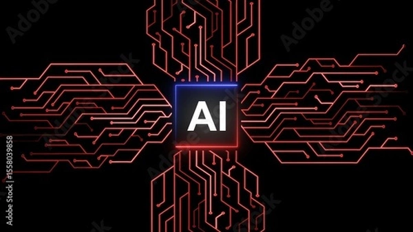 Fototapeta AI or artificial intelligence technology circuit board illustration on black background.