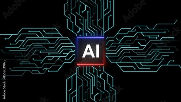 Fototapeta AI or artificial intelligence technology circuit board illustration on black background.