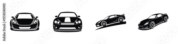 Obraz Modern look at a compact sports car front view racing into distance Flat Silhouette on White Background