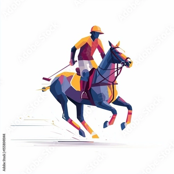 Fototapeta Dynamic Geometric Illustration of Polo Player Riding Horse in Vibrant Polygonal Style.