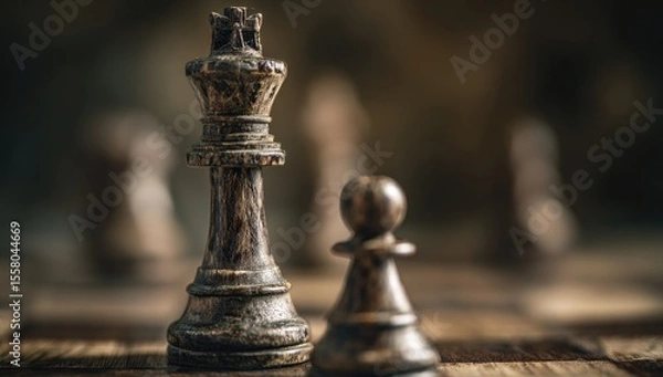 Fototapeta Close-up of aged chess pieces, king and pawn