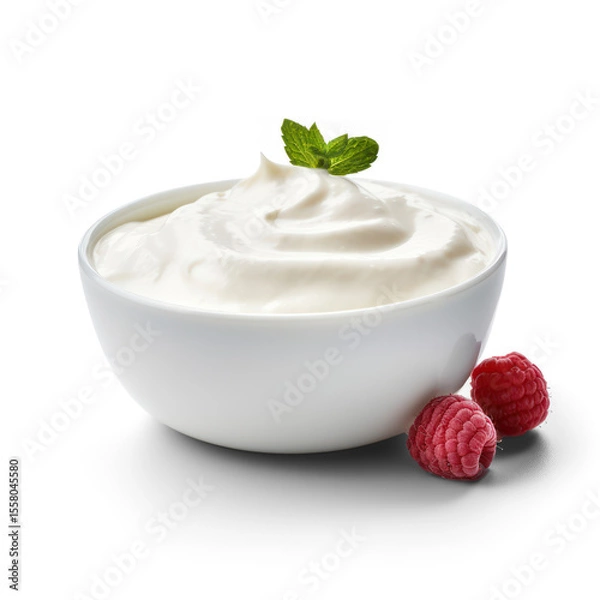 Obraz A bowl of yogurt with raspberries and mint leaves on a transparent background