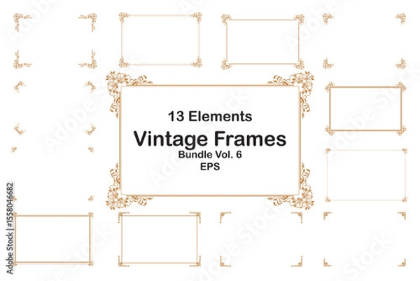 Fototapeta Bundle Elements of ornate vintage frames. Border gold on white classic swirls, floral motifs. Design print for greeting cards, wedding invitations, restaurant menu, royal certificates. Set 6