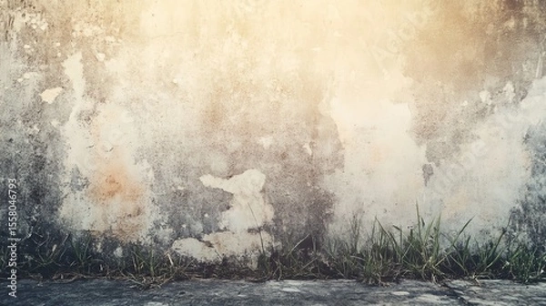 Fototapeta Weathered concrete wall with grass sprouting at base