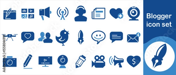 Fototapeta Blogger icon set, set, video, blogger, blogging, service, camera, vector, outline, network, icon, collection, like, blog, sign, social, media, popular, record and more