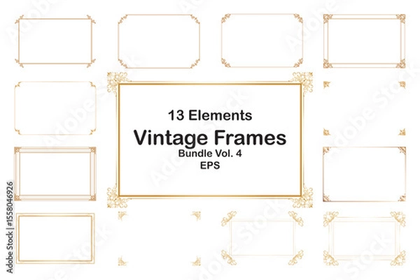 Fototapeta Bundle Elements of ornate vintage frames. Border gold on white classic swirls, floral motifs. Design print for greeting cards, wedding invitations, restaurant menu, royal certificates. Set 4