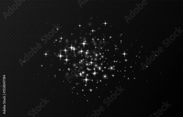 Fototapeta White sparkling stars, shiny particles light effect, transparent flying stardust texture, abstract twinkle Christmas decoration. Vector illustration.