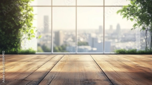 Fototapeta Wooden surface overlooks cityscape view, framed by greenery