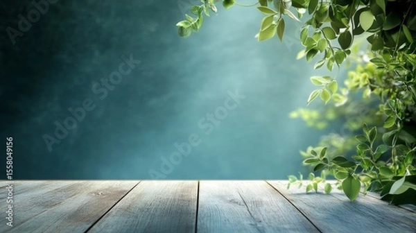 Fototapeta Wooden surface with green foliage backdrop, ideal for product display or nature themed designs