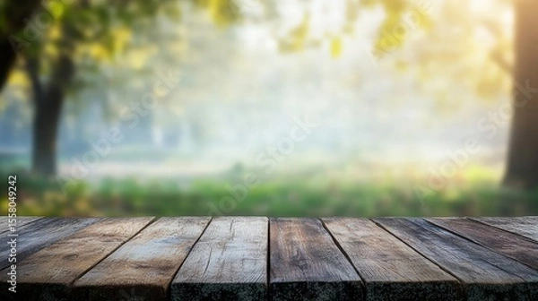 Fototapeta Wooden table overlooking a sunlit, hazy forest