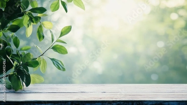 Fototapeta Wooden table with green leaves and blurred background