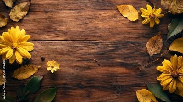 Fototapeta Yellow flowers and autumn leaves arranged on rustic wooden surface