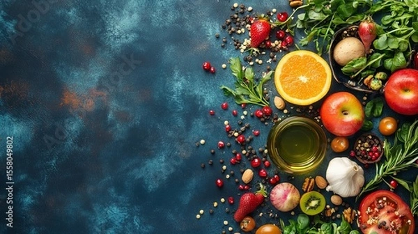 Fototapeta Vibrant fruits, vegetables, nuts & herbs arranged on a textured surface