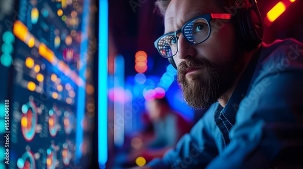 Fototapeta Network Engineer Monitoring Data and Firewall with Reflecting Code in Glasses. background blurred
