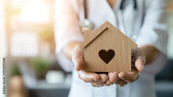Obraz A doctor holding a wooden house with a heart cutout in it.