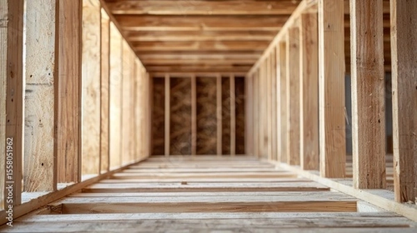 Fototapeta A wooden hallway with wooden beams and walls, illuminated by natural light from the windows at the end.