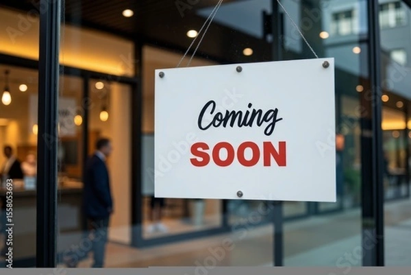 Obraz Coming soon sign displayed on a storefront window.