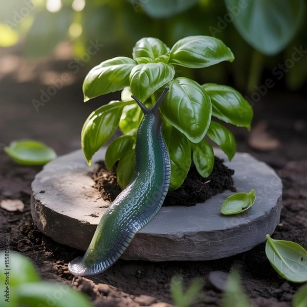 Fototapeta Fresh basil plant with garden slug on stone platform