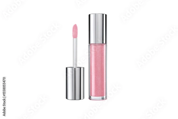 Fototapeta Pink Lip Gloss with Silver Cap and Applicator, Cosmetic Product, Beauty Item isolated on transparent background