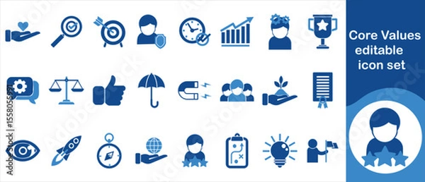 Fototapeta Core values ​​editable icon set., business, line, trust, empathy, responsibility, emotion, set, leadership, outline, icon, concept, transparency, integrity, symbol, teamwork and more.