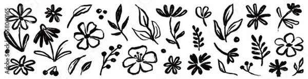 Fototapeta Flower brush hand drawn vector set. Hand drawn doodle flower, floral leaf elements in brush stroke ink style. Simple abstract botanical silhouette set for nature black paint art. Vector illustration