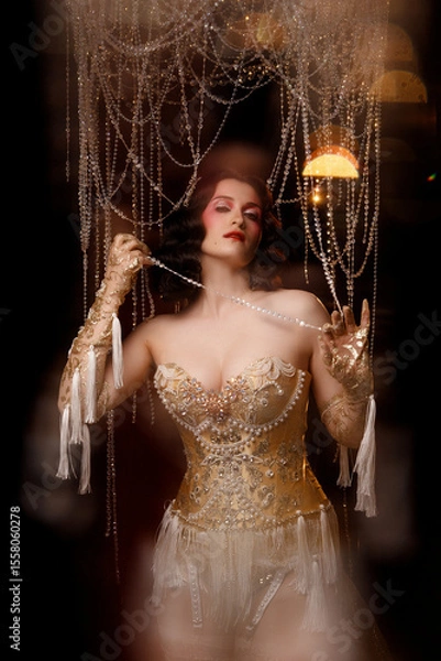 Fototapeta Elegant young circus actress in golden corset and gloves, standing under chandelier, front view. Retro theatrical look for circus, burlesque, performance, vintage stage shows.
