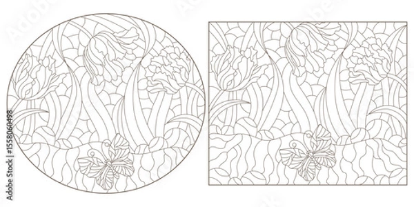 Fototapeta Set of contour illustrations in the style of stained glass with butterflies and tulips, dark outlines on a white background