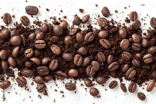 Fototapeta A close-up shot of roasted coffee beans scattered on a bed of ground coffee. The composition exudes a rich aroma and a warm, inviting tone. 