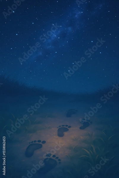 Fototapeta Footprint trail under starry night sky with glowing path and grass