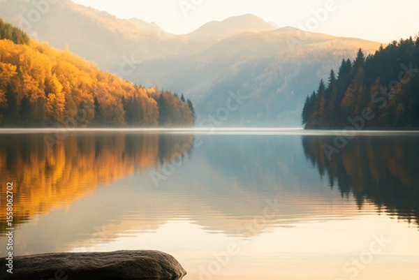 Fototapeta Autumn forest with golden leaves reflecting on calm lake water under soft mountain light