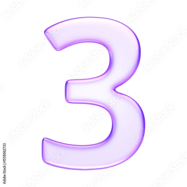 Obraz Number three in translucent glassmorphism purple style, great for teaching tools, infographics, and dashboards, 3d rendering