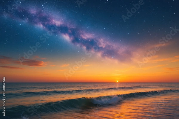Fototapeta Sunset over ocean waves with colorful sky and visible Milky Way galaxy shining brightly