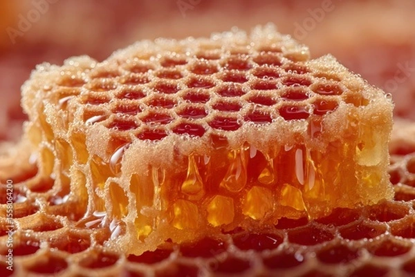 Obraz Close-up view of a honeycomb with flowing golden honey and the unique honeycomb structure. This image captures the natural beauty and sweetness of honeycomb. 