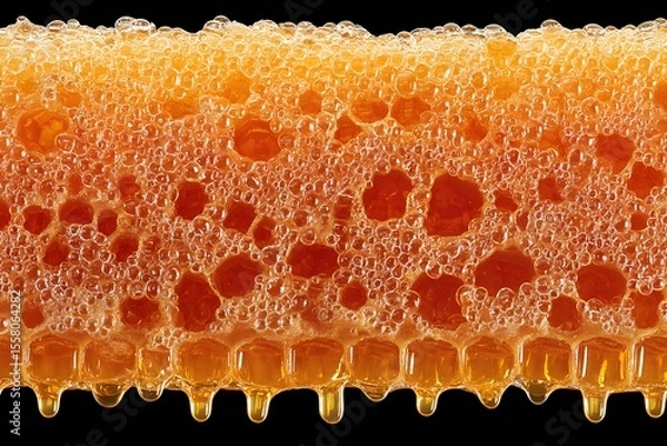 Obraz A close-up view of honeycomb with dripping honey, showcasing its natural texture and golden hue