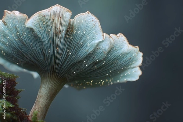 Fototapeta A close-up shot of a delicate mushroom, revealing intricate details, set against a dark backdrop. The mushroom is light blue and the details are very clear