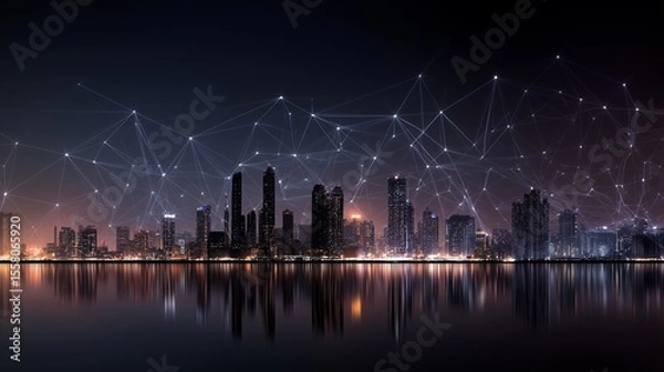 Fototapeta Futuristic Smart City Skyline at Night with Connected Digital Network Overhead.