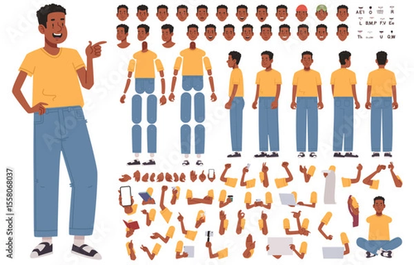 Fototapeta Constructor of character happy black guy. Young man. Student or volunteer. Set of hands legs and body positions for creating animation and your own illustrations. DIY kit. Vector illustration