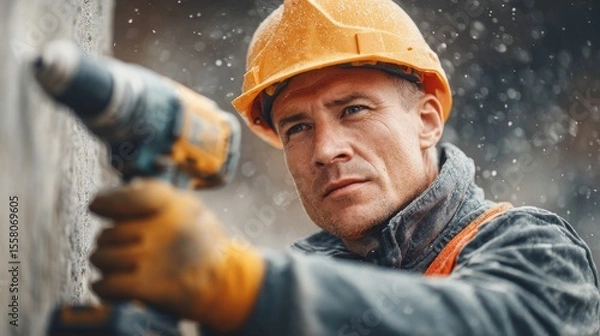 Obraz Construction worker operating electric drill at embassy site