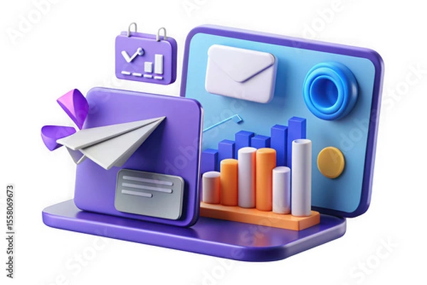 Fototapeta A 3d render of email marketing analytics with a paper plane, isolated on transparent background