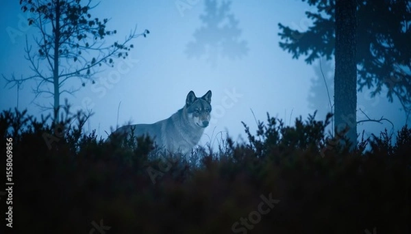 Obraz A majestic wolf stands alert amidst lush green bushes, its fur shimmering in the dappled sunlight, showcasing its keen eyes and powerful stance.