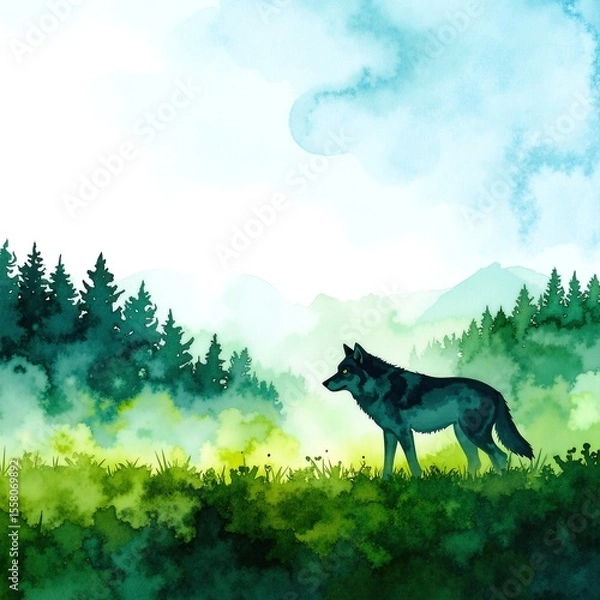 Obraz A majestic wolf stands proudly in a lush green meadow, its fur glistening in the sunlight, surrounded by tall grass swaying gently in the breeze.