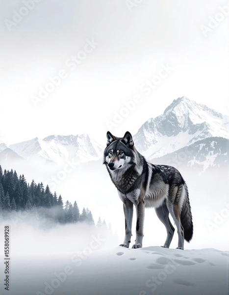 Obraz A majestic wolf stands alert in a snowy landscape, its thick fur glistening in the sunlight, with towering mountains rising majestically in the background.